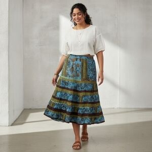 Vtg Kerry Brooks Patchwork Boho Midi Skirt – Festival Elastic Waist – Petite M